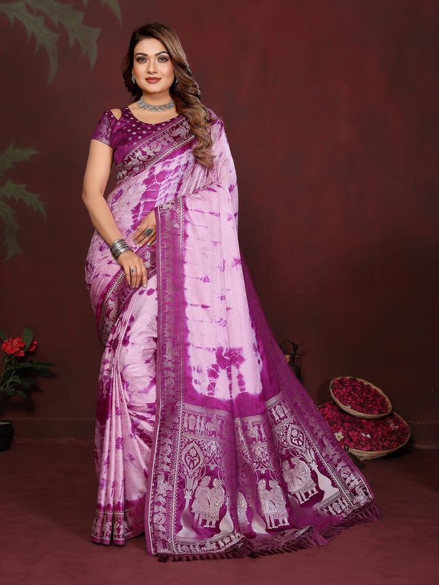 Purple Color Satin Silk Fabric Saree For Ethnic Indian Looks