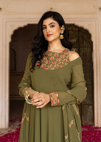 Olive Color Georgette Fabric Designer Embroidered Partywear Gown For Girlie Looks