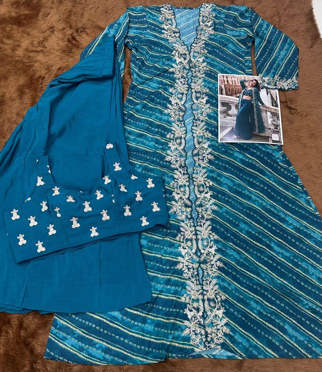 Blue Chinon Silk Indowestern Crop Top, Skirt And Shrug Set Free Size Full Stitched Upto 42