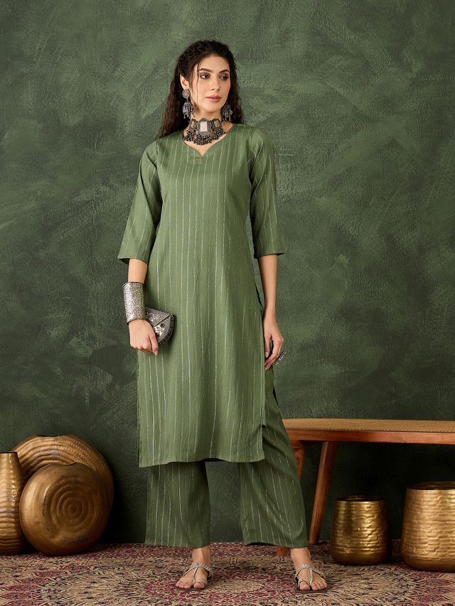 Green Color Cotton Silk Blend Beautiful Stylish Tendy Top Bottom Set