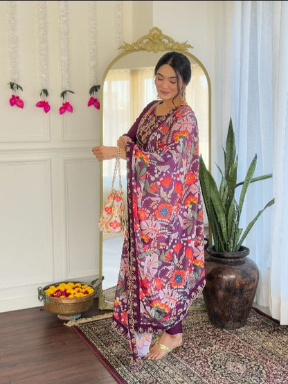 Women's Viscose Chanderi Fabric Straight Kurta, Pant and Dupatta Set