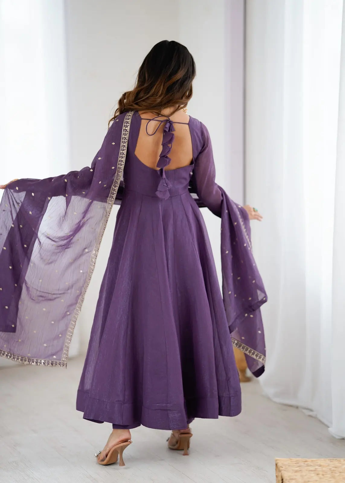 Women's Beautiful Embroidery Work Crunchy Silk Fabric Flared Anarkali Pant and Dupatta Set