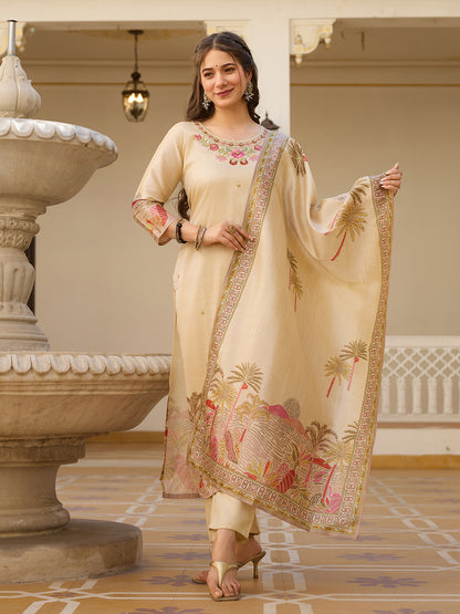 Viscose Assam Silk Fabric Straight Kurta, Pant and Dupatta Set