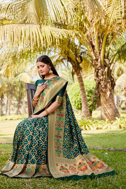 Green Woven Design Pure Gharchola Bhandhej Silk Saree With Blouse