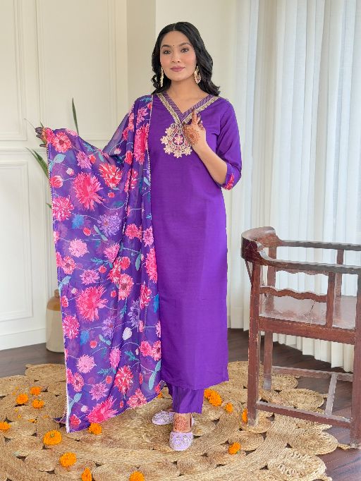 Women's Beautiful Roman Silk Embroidered Straight Kurta with Pant And Dupatta Set
