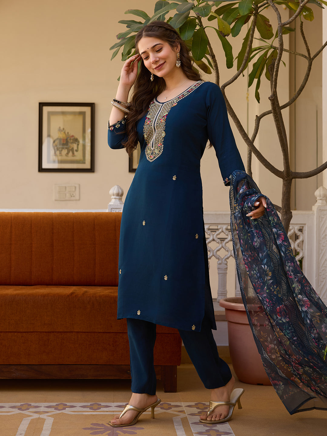 Viscose Chanderi Fabric Straight Kurta, Pant and Dupatta Set