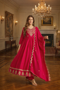 Pink Color Vichitra Silk Fabric Designer Embroidery Work Graceful Partywear Suit