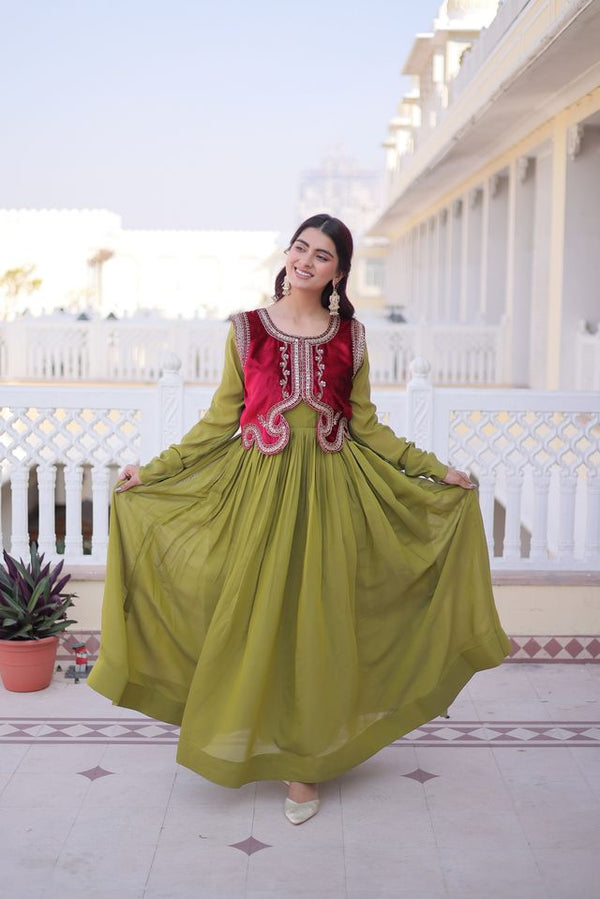 Green Color Mal Chanderi Fabric Readymade Gown With Koti For Ethnic Partywear Looks