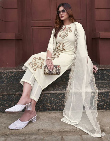 Off White Color Rayon Slub Fabric Beautiful Festive Wear Salwar Kameez