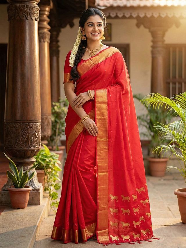 Red Color Soft Silk Fabric Woven Designer Saree For Ethnic Looks