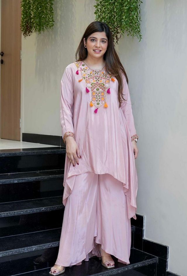 Pink Color French Crepe Fabric Designer Ethnic Readymade Kurta Set