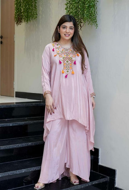 Pink Color French Crepe Fabric Designer Ethnic Readymade Kurta Set
