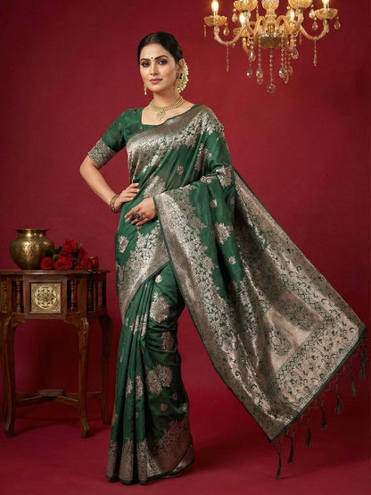 Dark Green Color Beautiful Silk Blend Fabric Woven Designer Ethnic Ceremonial Saree