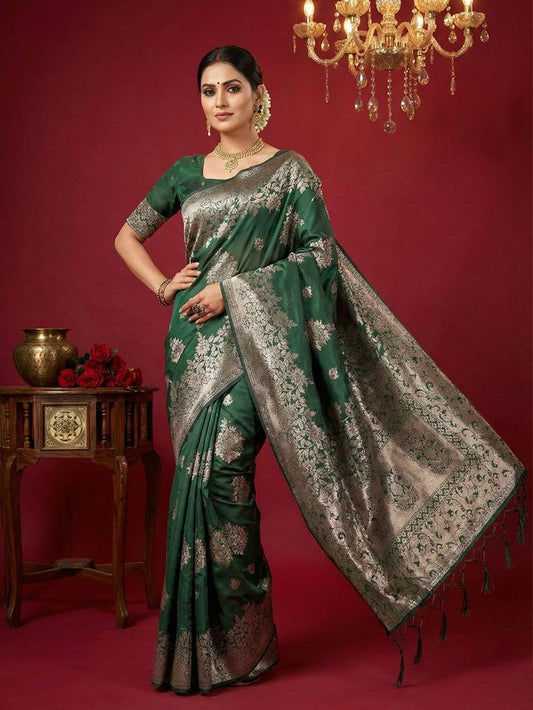 Dark Green Color Beautiful Silk Blend Fabric Woven Designer Ethnic Ceremonial Saree