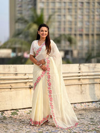 White Color Crush Silk Fabric Designer Embroidered Wedding Special Saree