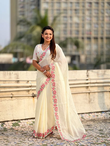 White Color Crush Silk Fabric Designer Embroidered Wedding Special Saree