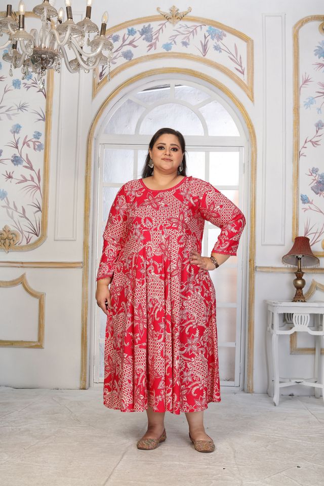 Pink Color Rayon Fabric Designer Printed Plus Size Kurta For Girls