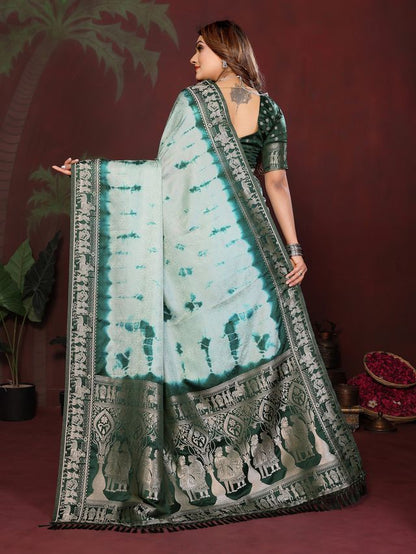 Green Color Satin Silk Fabric Saree For Ethnic Indian Looks