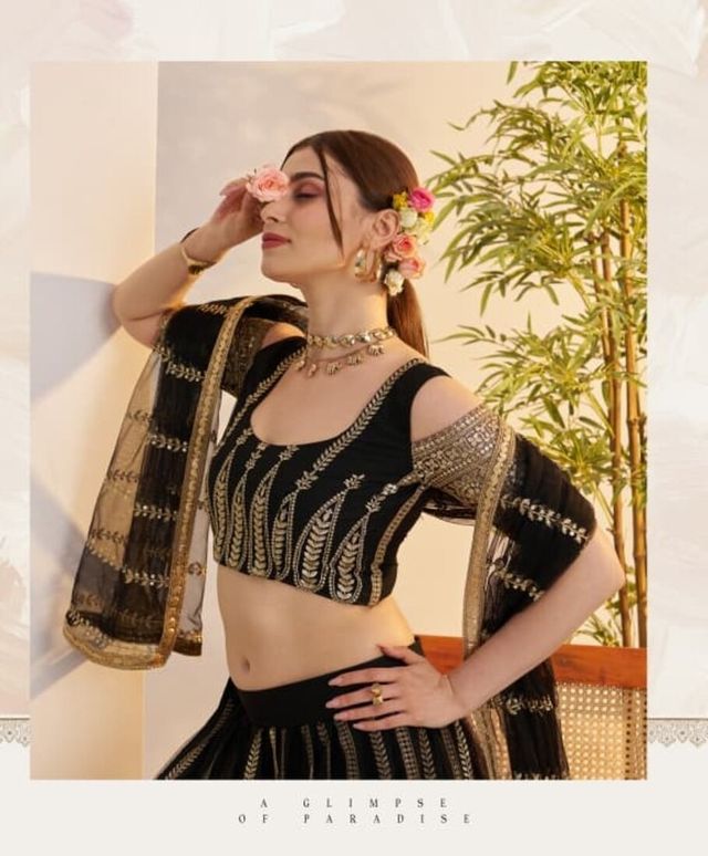 Black Heavy Embroidery Net Semi Stitch A Line Lehenga With Blouse