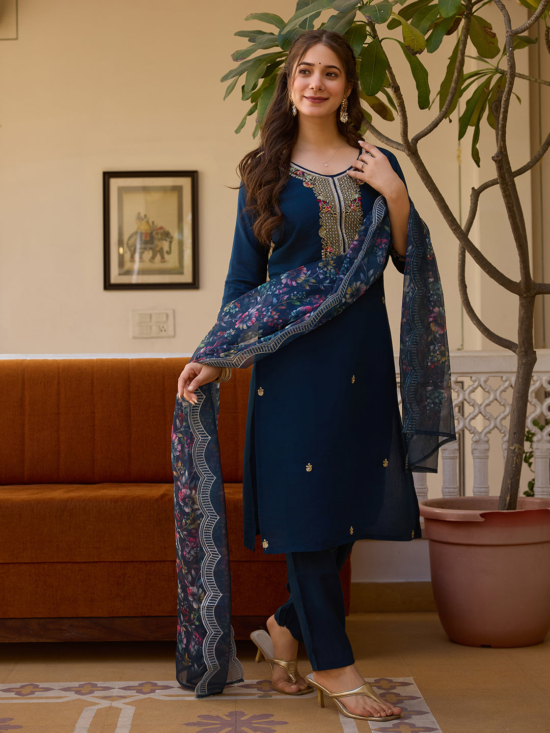 Viscose Chanderi Fabric Straight Kurta, Pant and Dupatta Set
