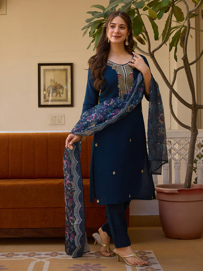 Viscose Chanderi Fabric Straight Kurta, Pant and Dupatta Set
