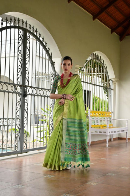 Green Color Khadi Raw Silk Fabric Woven Meena Rich Pallu Border Designer Beautiful Saree