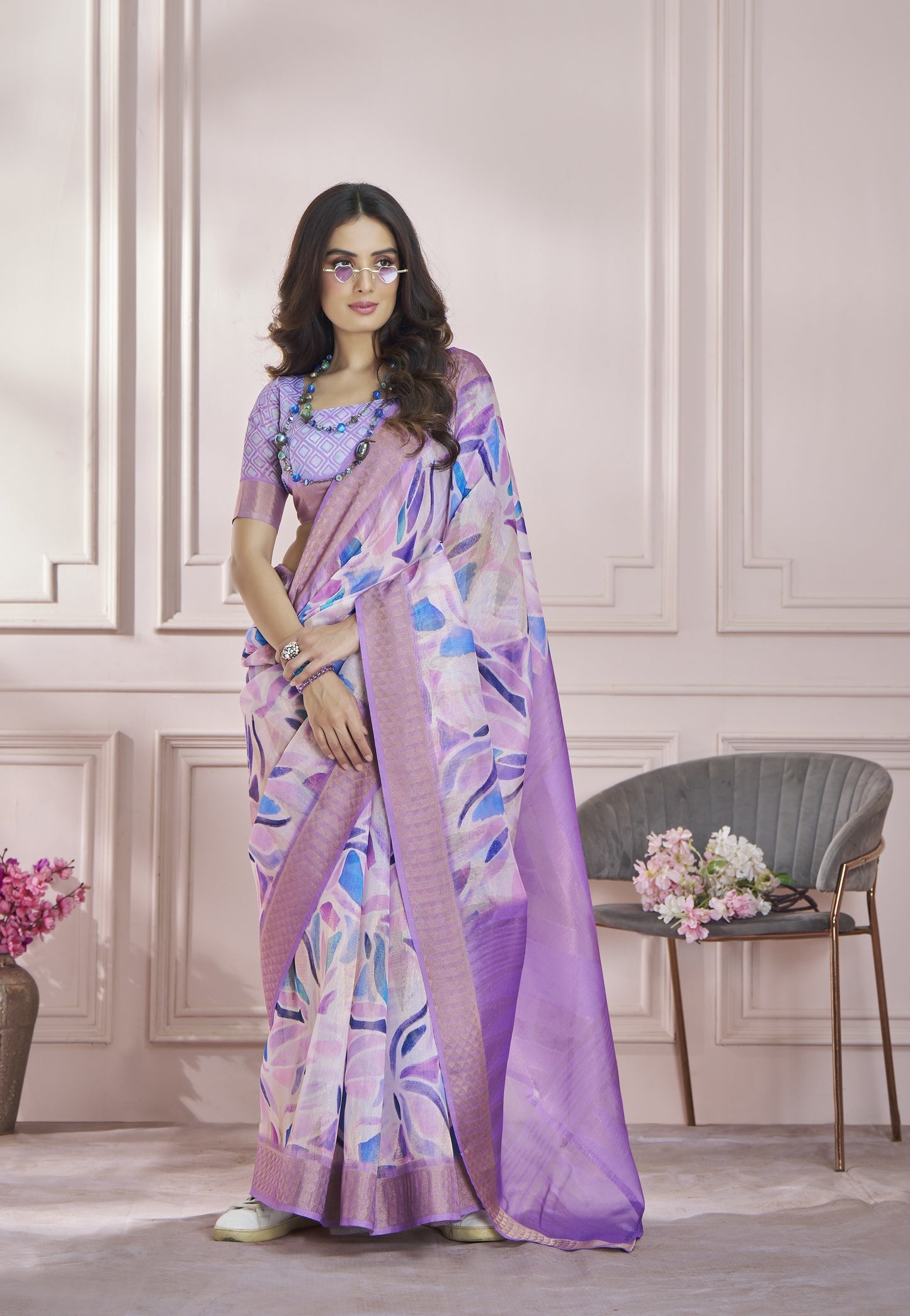 Lavender Printed Pure Modal Silk Saree With Blouse