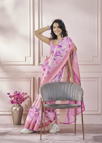 Pink Printed Pure Modal Silk Saree With Blouse