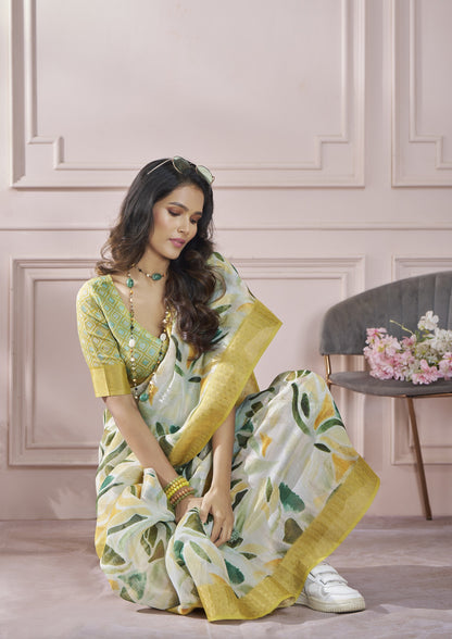 Cream Printed Pure Modal Silk Saree With Blouse