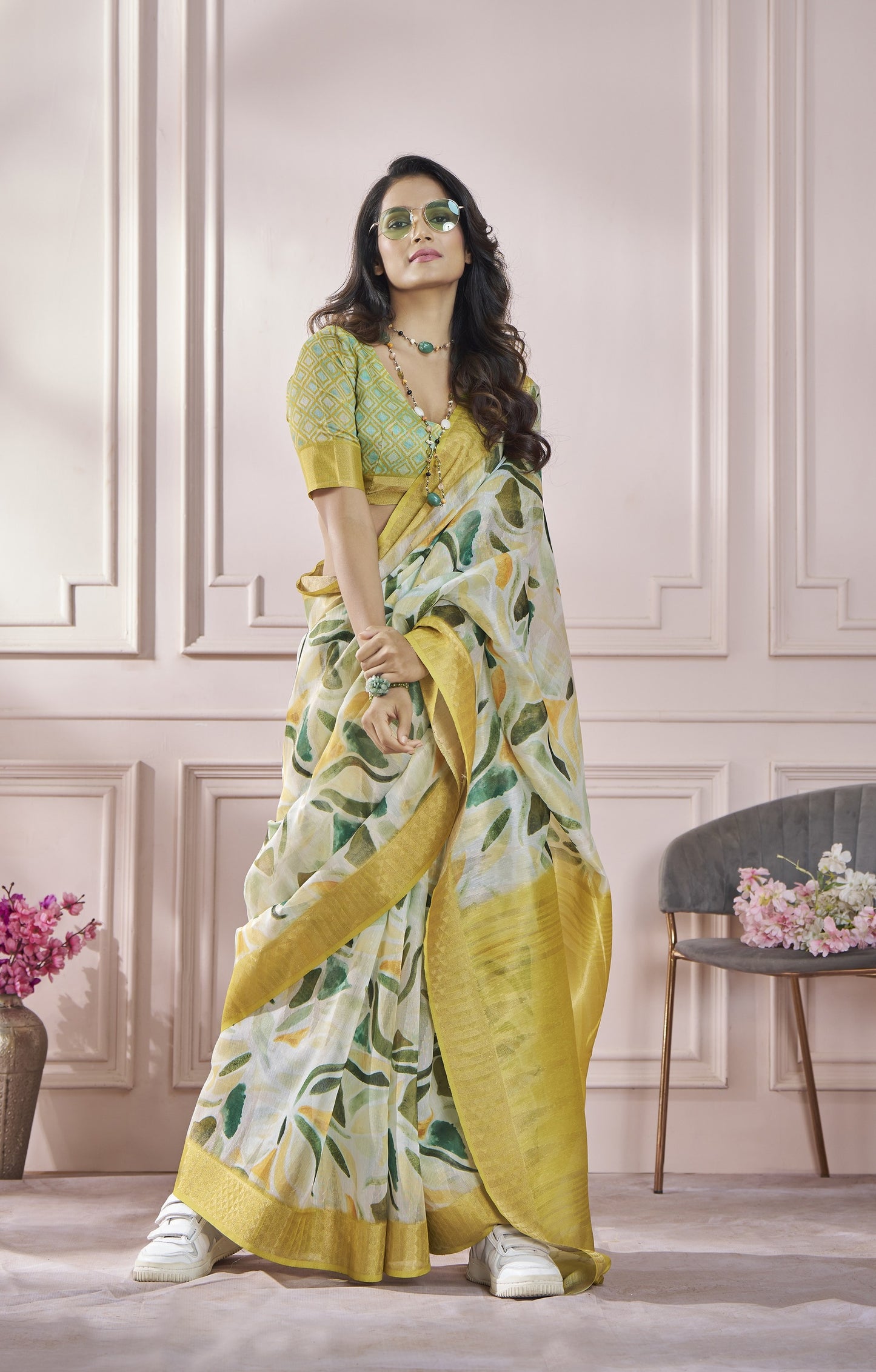 Cream Printed Pure Modal Silk Saree With Blouse