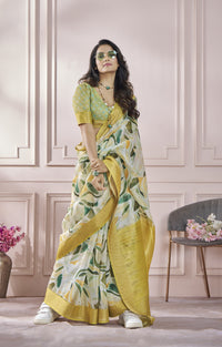 Cream Printed Pure Modal Silk Saree With Blouse