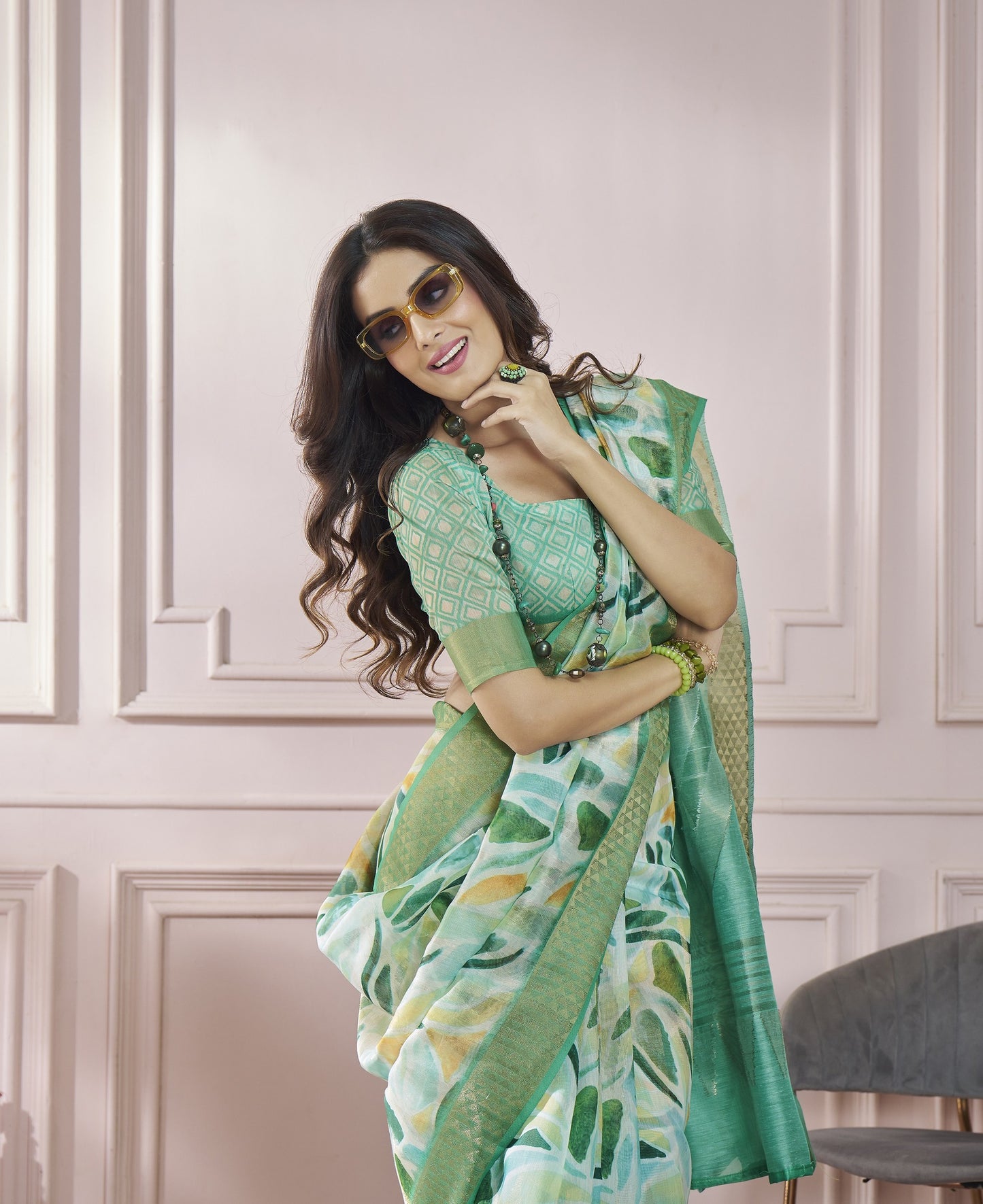 Light Green Printed Pure Modal Silk Saree With Blouse