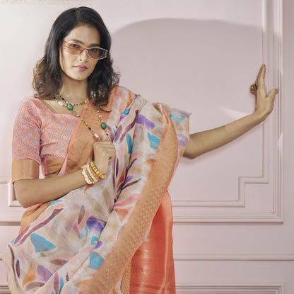 Peach Printed Pure Modal Silk Saree With Blouse