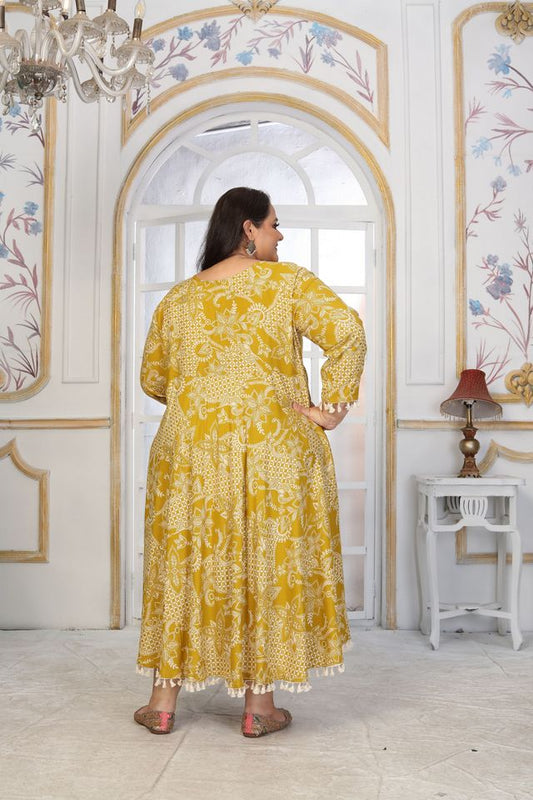 Mustard Color Rayon Fabric Designer Printed Plus Size Kurta For Girls