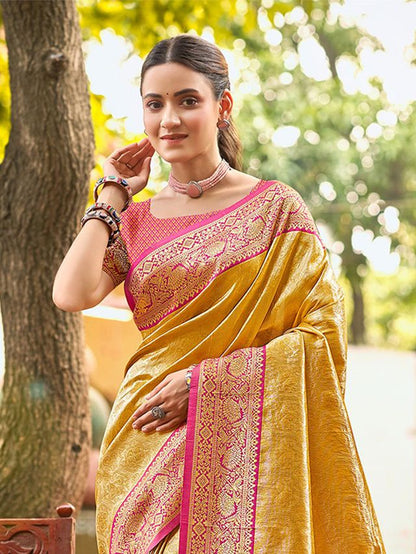 Mustard Color Kanjivaram Silk Ethnic Fancy Meenakari Designer Saree