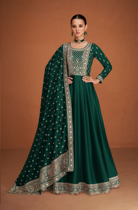Green Designer Embroidered Heavy Premium Silk Semi Stitched Anarkali Suit
