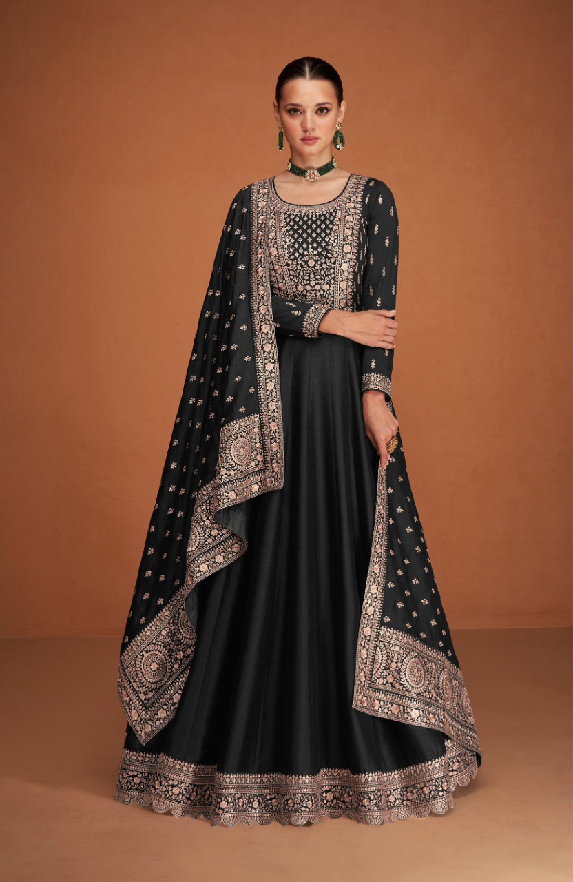 Black Designer Embroidered Heavy Premium Silk Semi Stitched Anarkali Suit