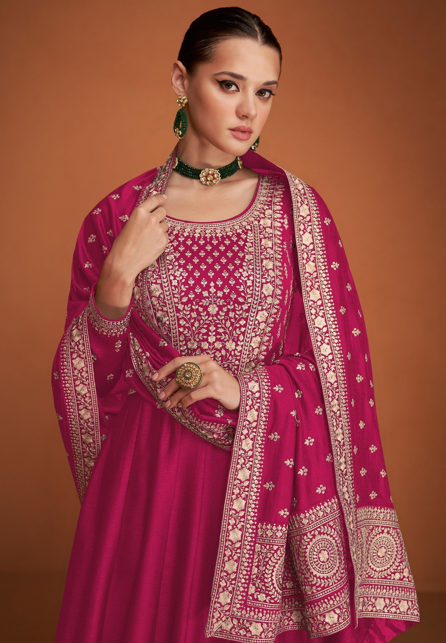 Pink Designer Embroidered Heavy Premium Silk Semi Stitched Anarkali Suit