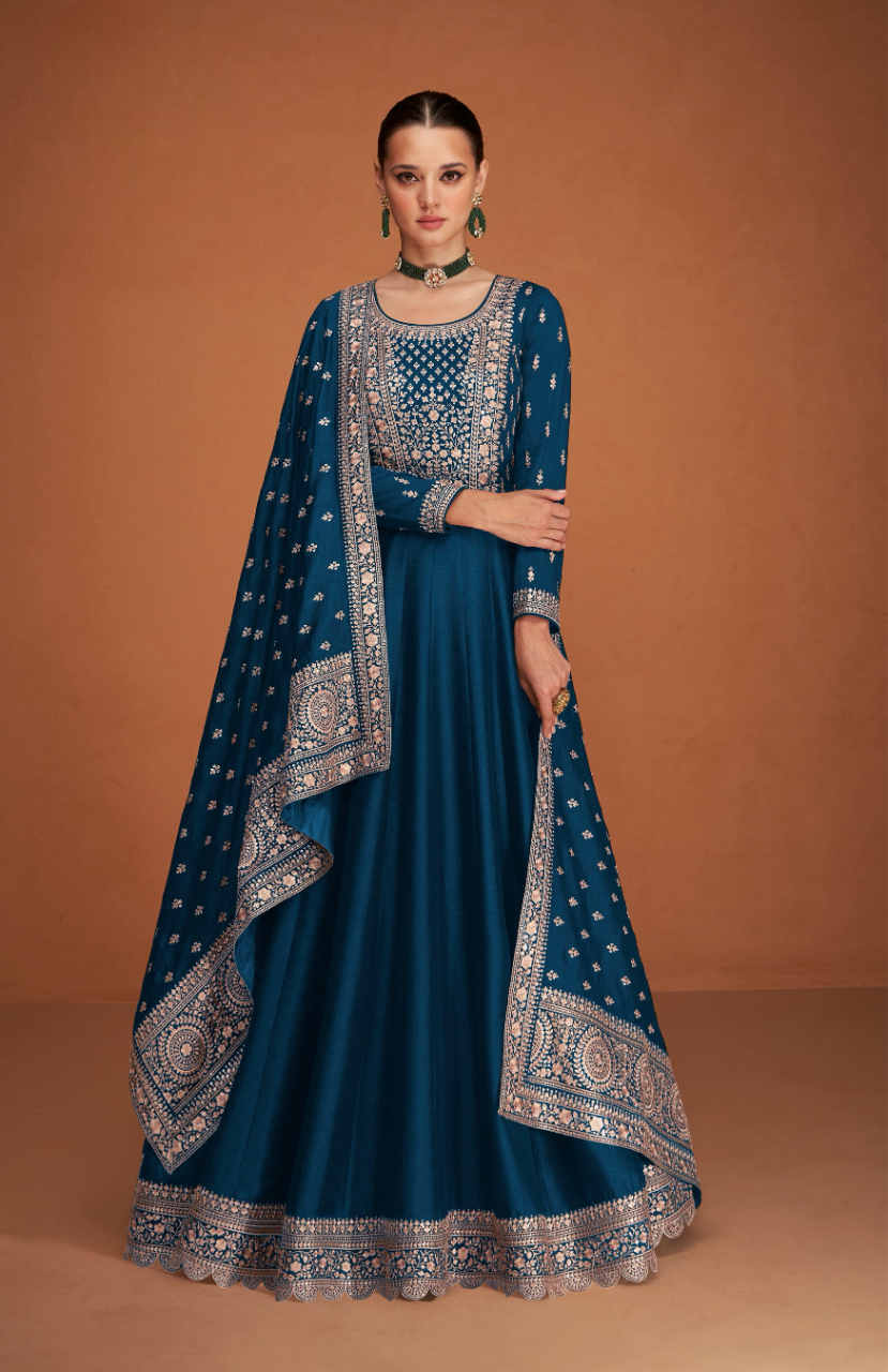 Navy_Blue Designer Embroidered Heavy Premium Silk Semi Stitched Anarkali Suit