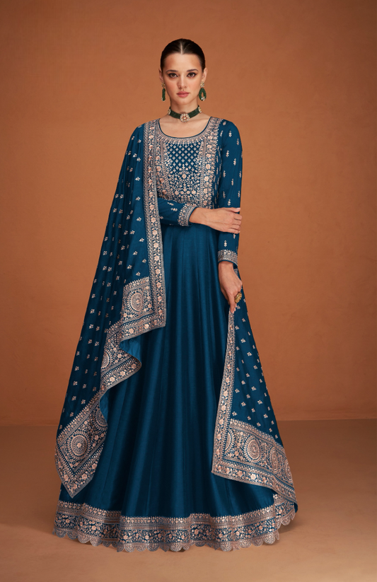 Navy_Blue Designer Embroidered Heavy Premium Silk Semi Stitched Anarkali Suit