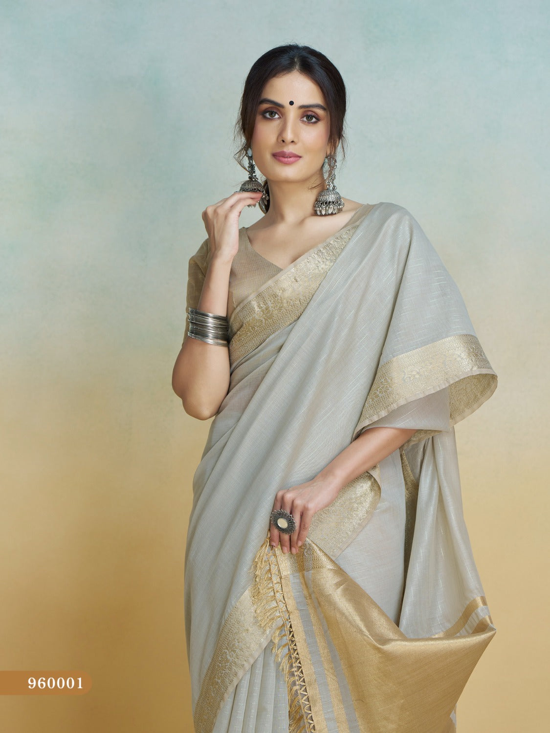 Grey handloom khadi silk zari woven work saree with blouse piece