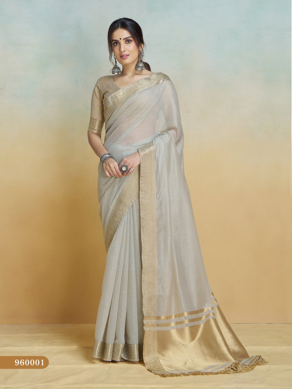 Grey handloom khadi silk zari woven work saree with blouse piece