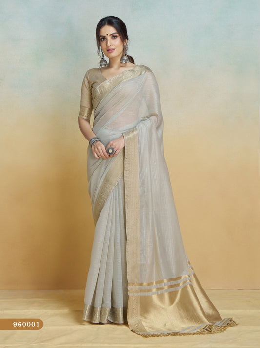 Grey handloom khadi silk zari woven work saree with blouse piece