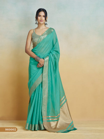 Mint handloom khadi silk zari woven work saree with blouse piece