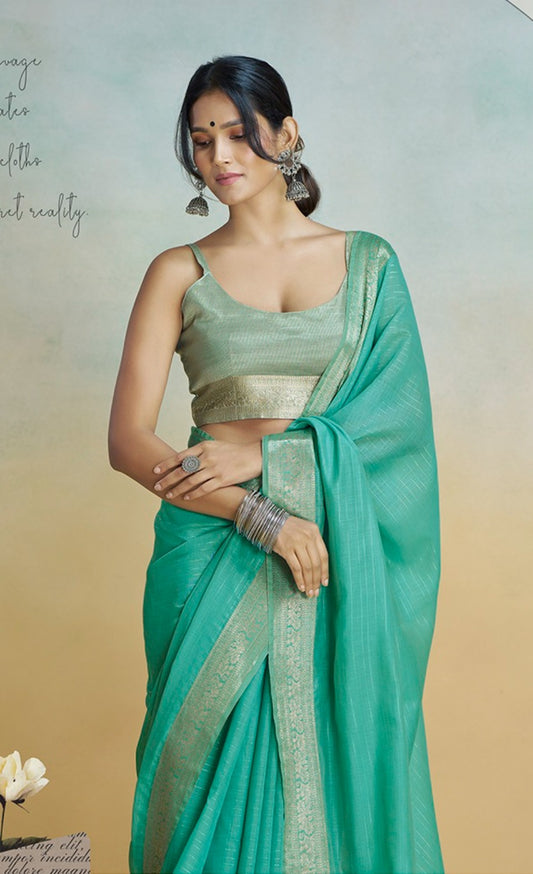 Mint handloom khadi silk zari woven work saree with blouse piece