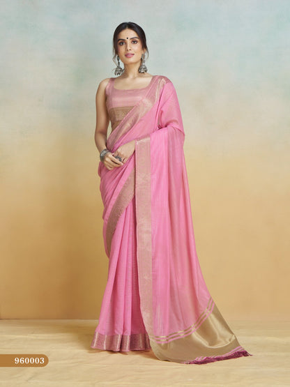 Pink handloom khadi silk zari woven work saree with blouse piece