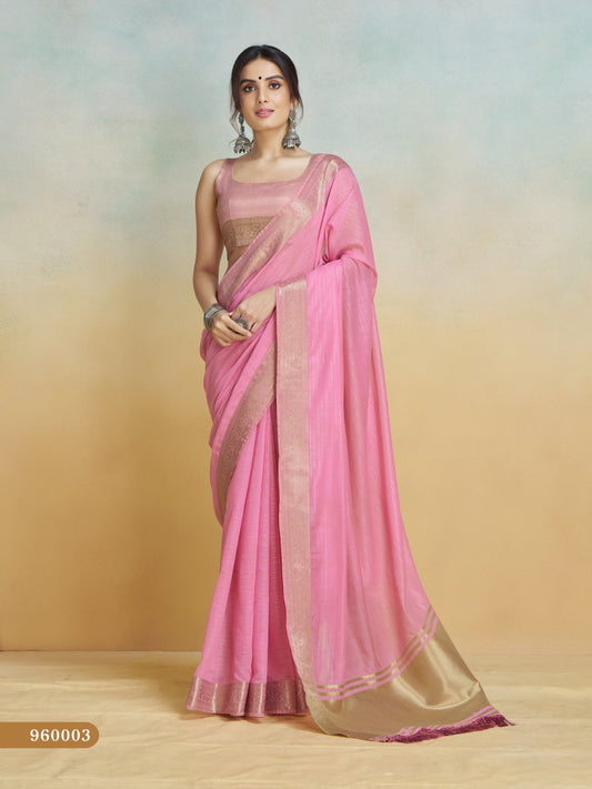 Pink handloom khadi silk zari woven work saree with blouse piece
