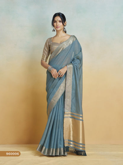 Blue handloom khadi silk zari woven work saree with blouse piece