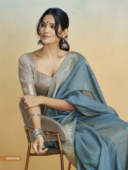 Blue handloom khadi silk zari woven work saree with blouse piece
