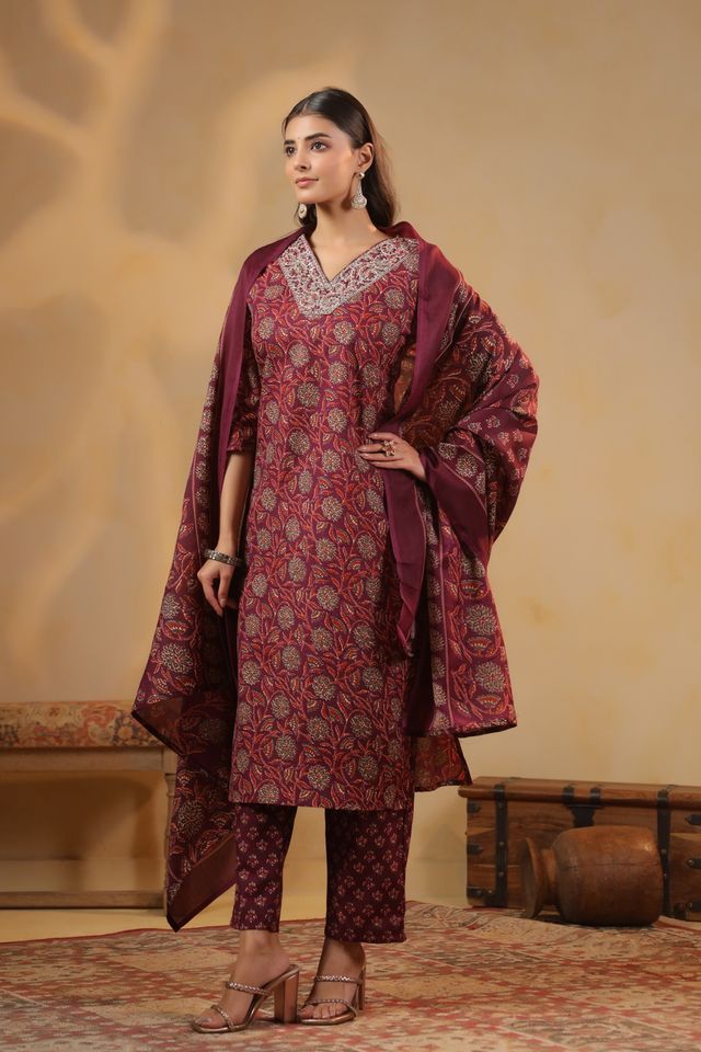 Maroon Color Cotton Fabric Stylish And Trendy Kurta Set For Ethnic Girls